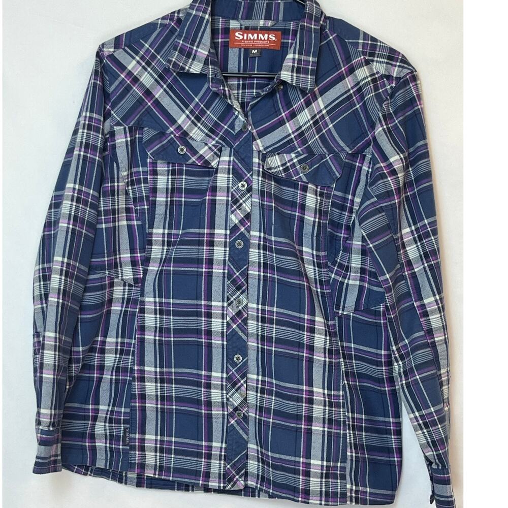 Simms Women's Size Medium Blue/Pink Plaid Long Sleeve Button Down Collared Shirt